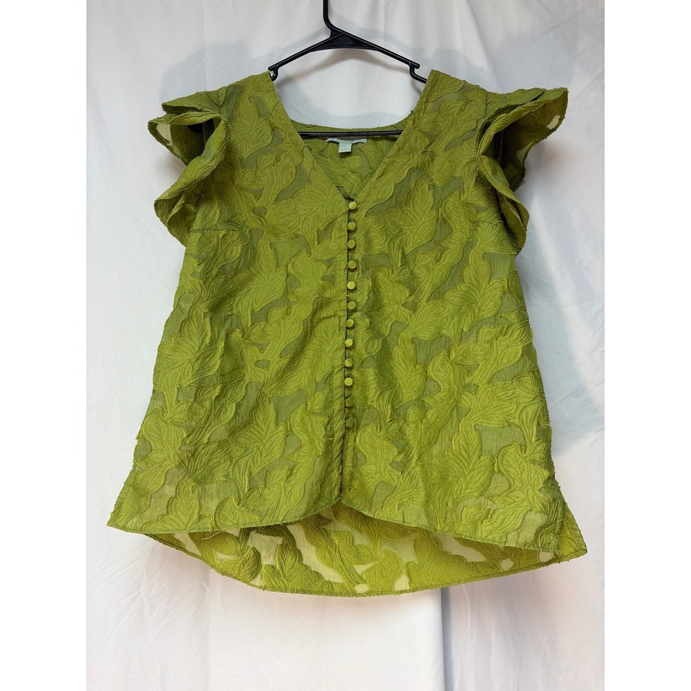Ryegrass Womens Green Leaf Jacquard Flutter Sleeve Button Front Blouse